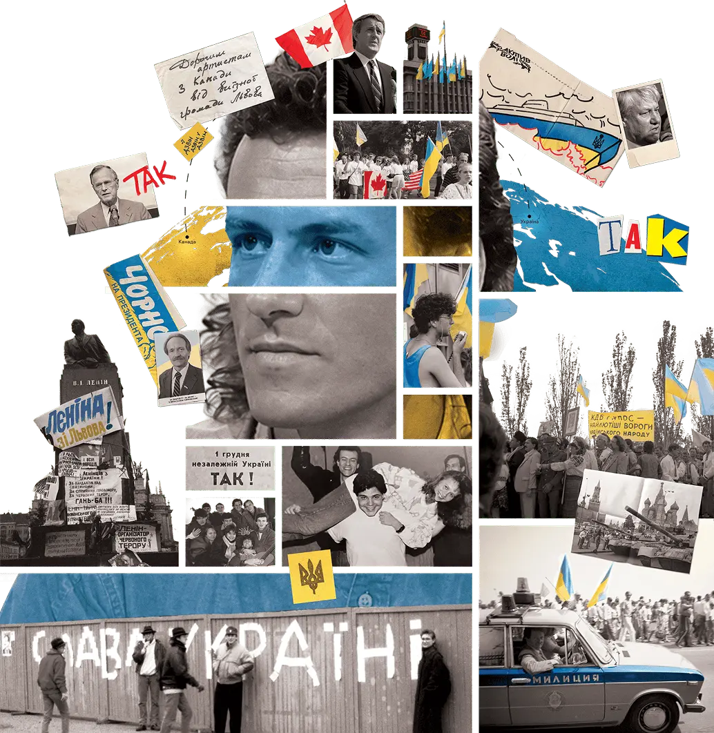 A collage of archival material from 1991: rally crowds under Ukrainian and Canadian flags, a toppled Lenin monument, handwritten letters from Ukrainian Canadians, ballots and posters reading TAK, and a fence painted Slava Ukraini.